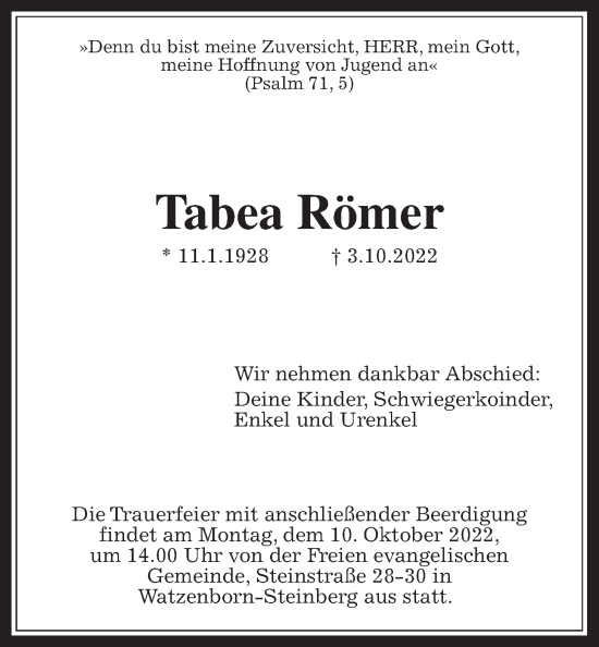 Traueranzeige von Tabea Römer von Pohlheimer Nachrichten