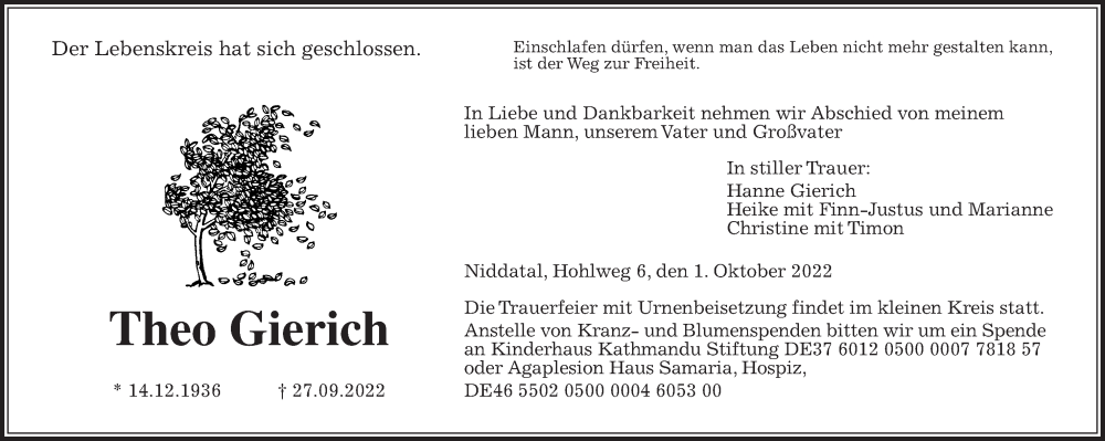  Traueranzeige für Theo Gierich vom 01.10.2022 aus Wetterauer Zeitung