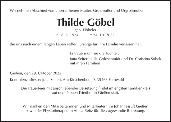 Traueranzeige von Thilde Göbel von Giessener Allgemeine, Alsfelder Allgemeine, Giessener Anzeiger