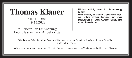 Traueranzeige von Thomas Klauer von Wetterauer Zeitung