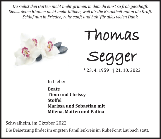 Traueranzeige von Thomas Segger von Wetterauer Zeitung