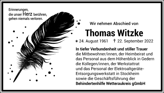 Traueranzeige von Thomas Witzke von Kreis-Anzeiger