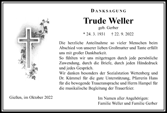 Traueranzeige von Trude Weller von Giessener Allgemeine, Alsfelder Allgemeine, Giessener Anzeiger