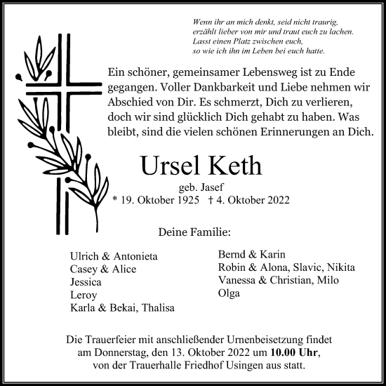 Traueranzeige von Ursel Keth von Usinger Anzeiger