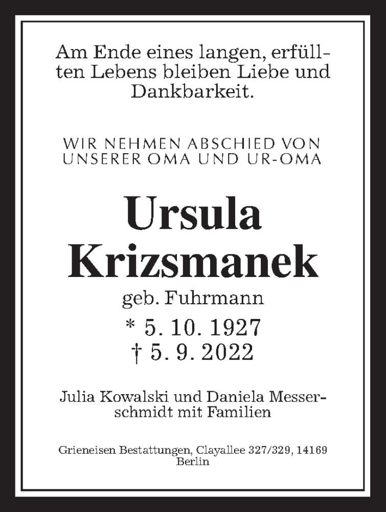  Traueranzeige für Ursula Krizsmanek vom 01.10.2022 aus Giessener Allgemeine, Alsfelder Allgemeine