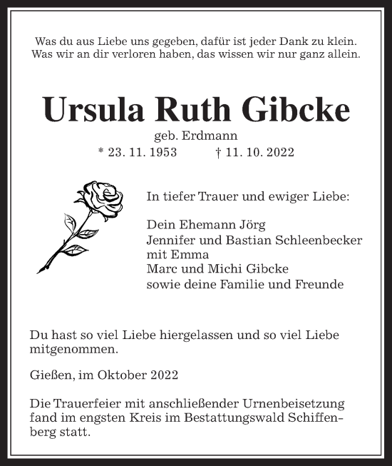 Traueranzeige von Ursula Ruth Gibcke von Giessener Anzeiger