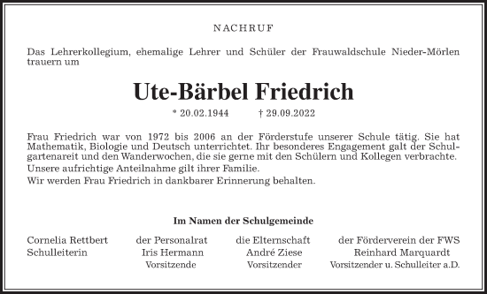 Traueranzeige von Ute-Bärbel Friedrich von Wetterauer Zeitung