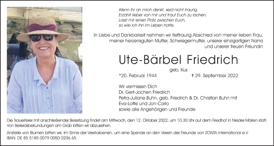 Traueranzeige von Ute-Bärbel Friedrich von Wetterauer Zeitung