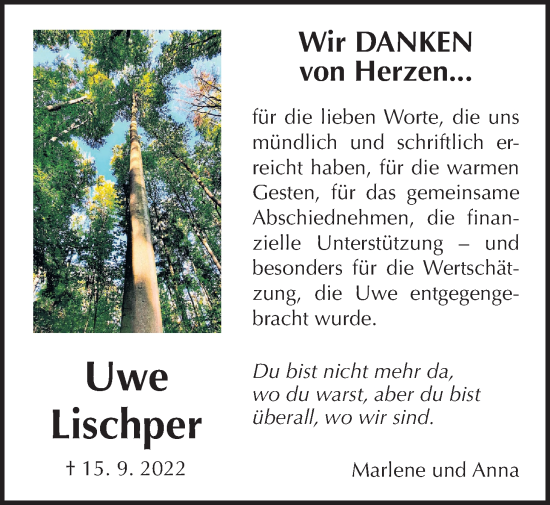 Traueranzeige von Uwe Lischper von Giessener Anzeiger, Giessener Allgemeine, Alsfelder Allgemeine