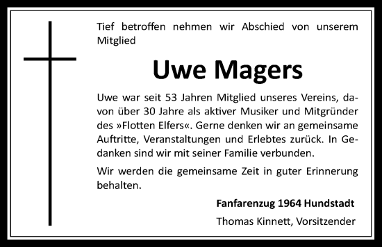 Traueranzeige von Uwe Magers von Usinger Anzeiger