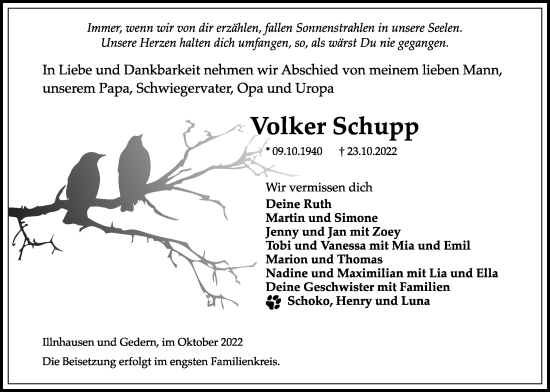 Traueranzeige von Volker Schupp von Kreis-Anzeiger