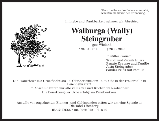 Traueranzeige von Walburga Steingruber von Wetterauer Zeitung
