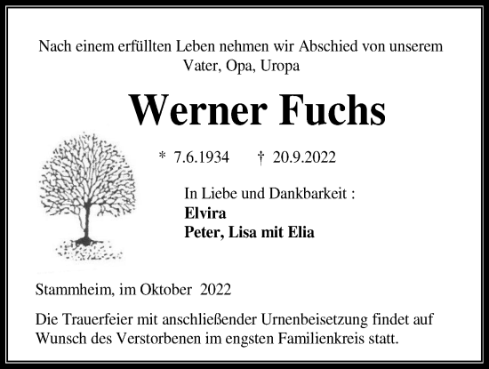 Traueranzeige von Werner Fuchs von Kreis-Anzeiger