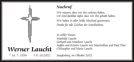 Traueranzeige von Werner Laucht von Giessener Allgemeine, Alsfelder Allgemeine