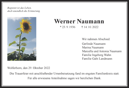 Traueranzeige von Werner Naumann von Kreis-Anzeiger
