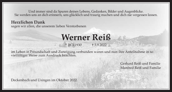 Traueranzeige von Werner Reiß von Alsfelder Allgemeine