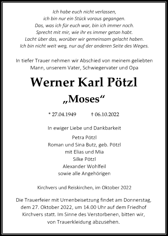 Traueranzeige von Werner Karl Pötzl von Giessener Allgemeine, Alsfelder Allgemeine, Giessener Anzeiger