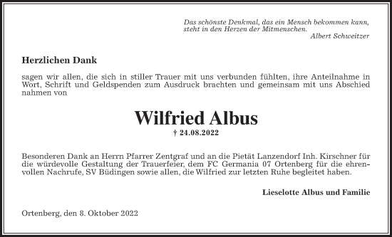 Traueranzeige von Wilfried Albus von Kreis-Anzeiger