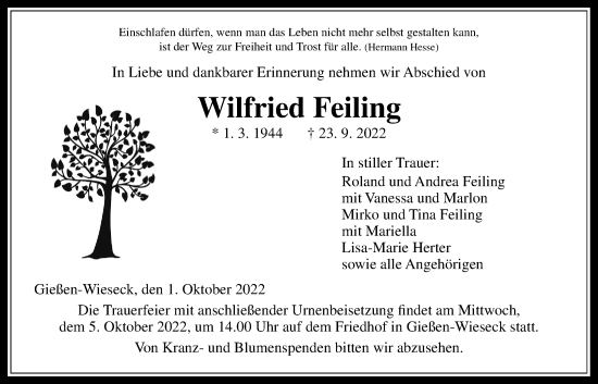 Traueranzeige von Wilfried Feiling von Giessener Allgemeine, Alsfelder Allgemeine