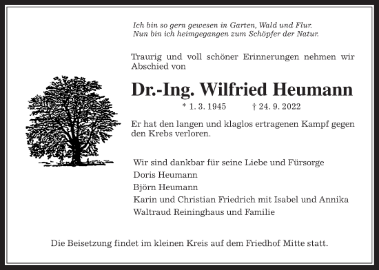 Traueranzeige von Wilfried Heumann von Usinger Anzeiger