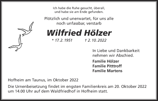 Traueranzeige von Wilfried Hölzer 