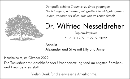 Traueranzeige von Wilfried Nesseldreher von Giessener Allgemeine, Alsfelder Allgemeine