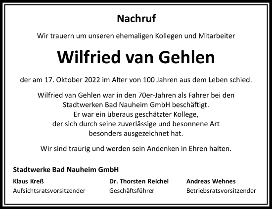 Traueranzeige von Wilfried van Gehlen von Wetterauer Zeitung
