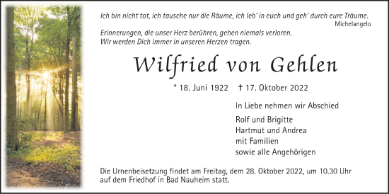 Traueranzeige von Wilfried von Gehlen von Wetterauer Zeitung