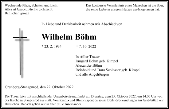 Traueranzeige von Wilhelm Böhm von Giessener Allgemeine, Alsfelder Allgemeine