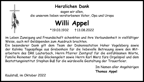 Traueranzeige von Willi Appel von Kreis-Anzeiger