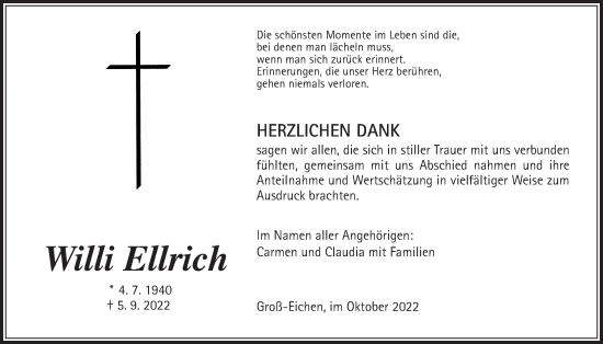 Traueranzeige von Willi Ellrich von Alsfelder Allgemeine