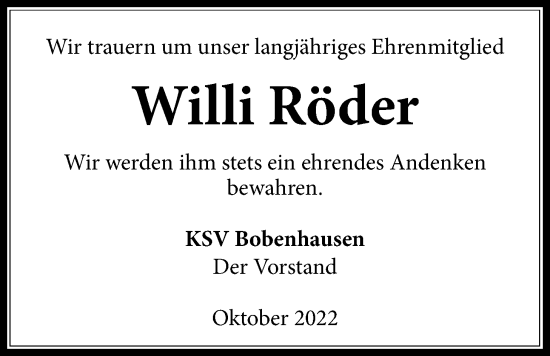 Traueranzeige von Willi Röder von Kreis-Anzeiger