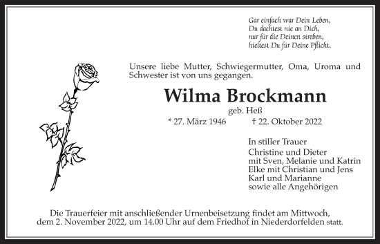 Traueranzeige von Wilma Brockmann von Bad Vilbel/Karben
