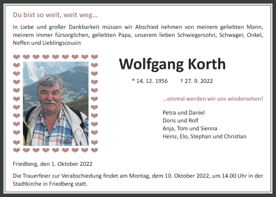 Traueranzeige von Wolfgang Korth von Wetterauer Zeitung