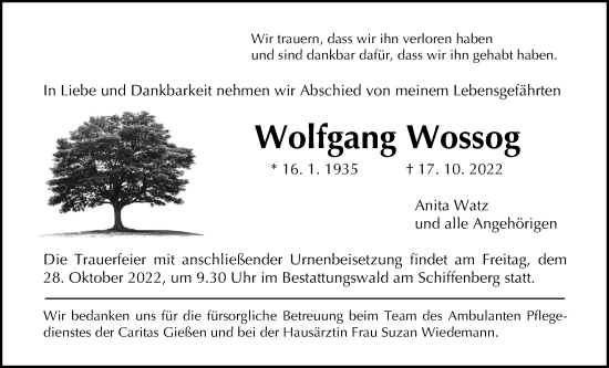 Traueranzeige von Wolfgang Wossog von Giessener Allgemeine, Alsfelder Allgemeine