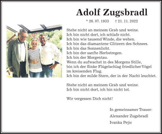 Traueranzeige von Adolf Zugsbradl von Wetterauer Zeitung