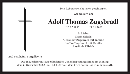 Traueranzeige von Adolf Thomas Zugsbradl von Wetterauer Zeitung