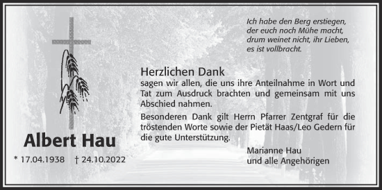 Traueranzeige von Albert Hau von Kreis-Anzeiger