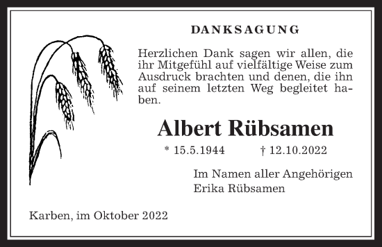 Traueranzeige von Albert Rübsamen von Bad Vilbel/Karben, Wetterauer Zeitung, Wetterauer Zeitung