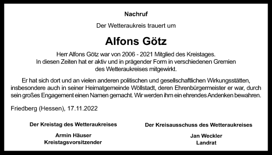 Traueranzeige von Alfons Götz von Wetterauer Zeitung
