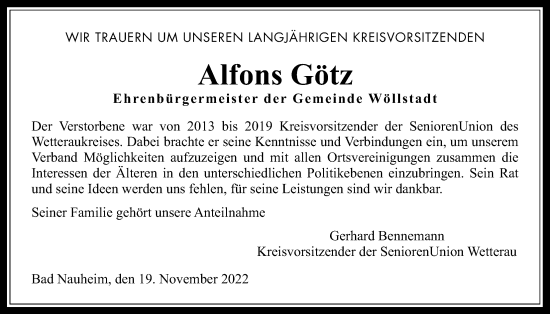 Traueranzeige von Alfons Götz von Wetterauer Zeitung
