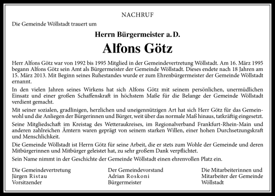 Traueranzeige von Alfons Götz von Wetterauer Zeitung