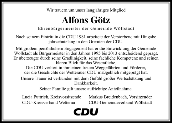 Traueranzeige von Alfons Götz von Wetterauer Zeitung