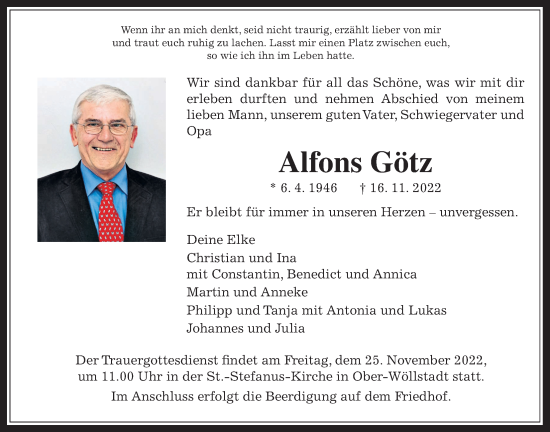 Traueranzeige von Alfons Götz von Wetterauer Zeitung