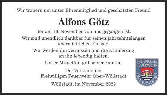 Traueranzeige von Alfons Götz von Wetterauer Zeitung