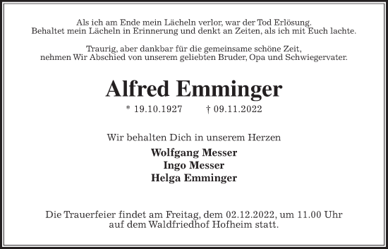Traueranzeige von Alfred Emminger 