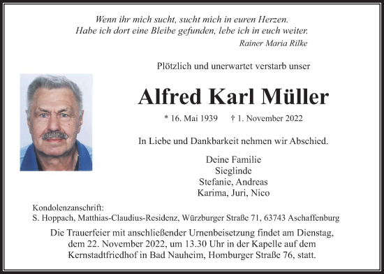 Traueranzeige von Alfred Karl Müller von Wetterauer Zeitung