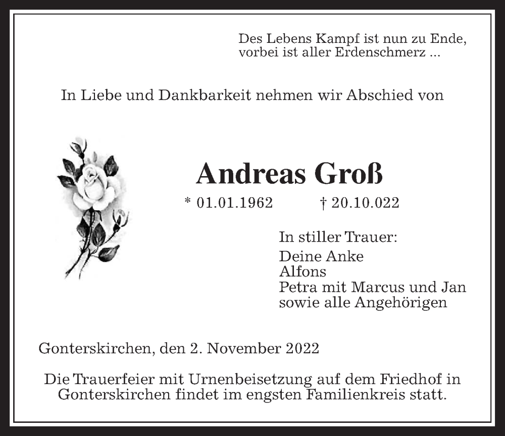  Traueranzeige für Andreas Groß vom 02.11.2022 aus Laubacher Anzeiger
