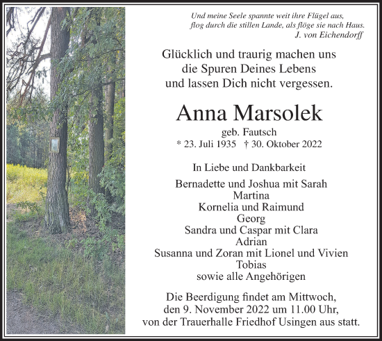 Traueranzeige von Anna Marsolek von Usinger Anzeiger