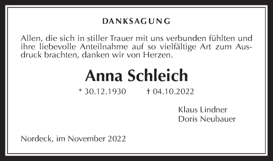 Traueranzeige von Anna Schleich von Allendorfer Mitteilungen